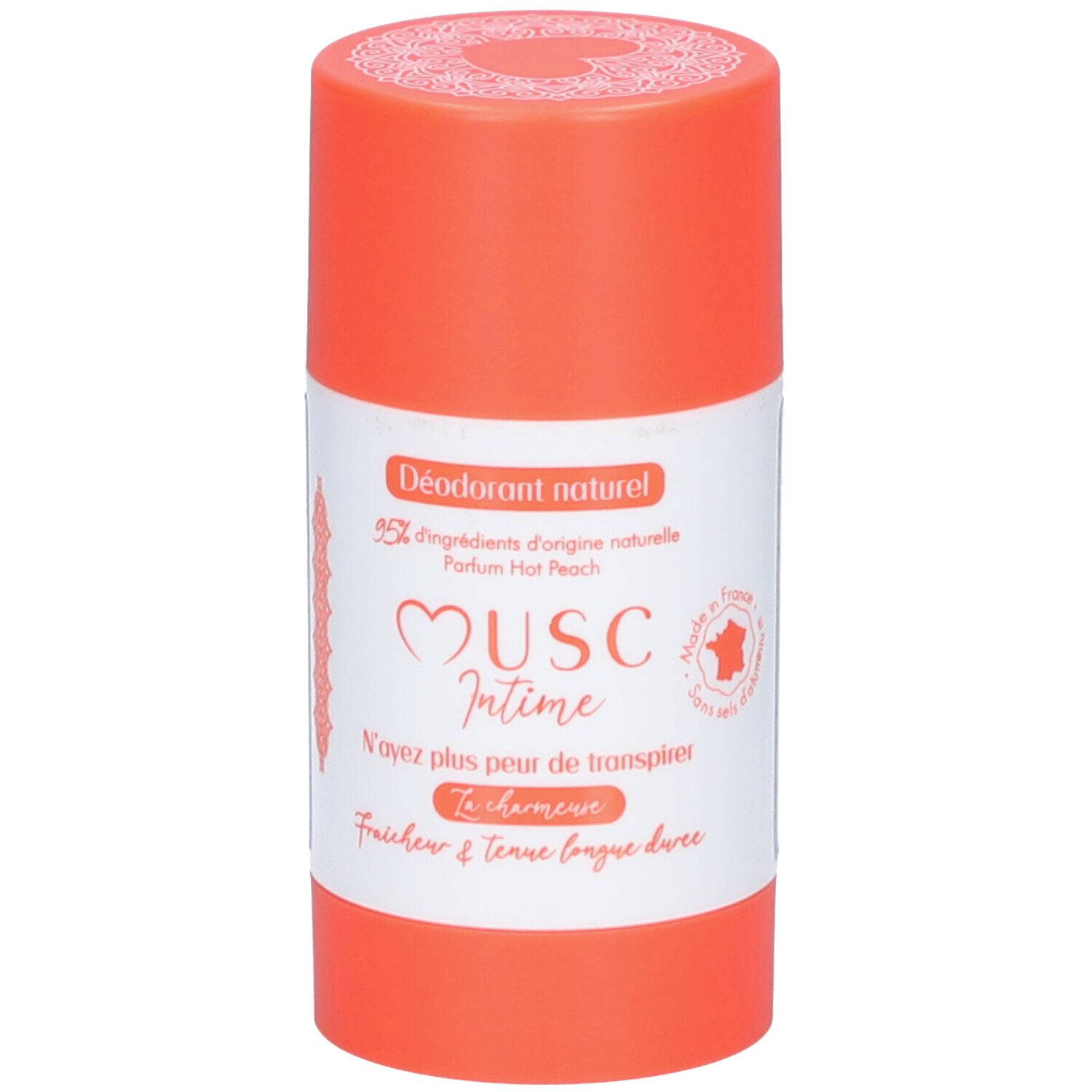 Deodorantstick. Oranje houder met wit etiket. Tekst: Musc Intime, Hot Peach. Franse tekst.