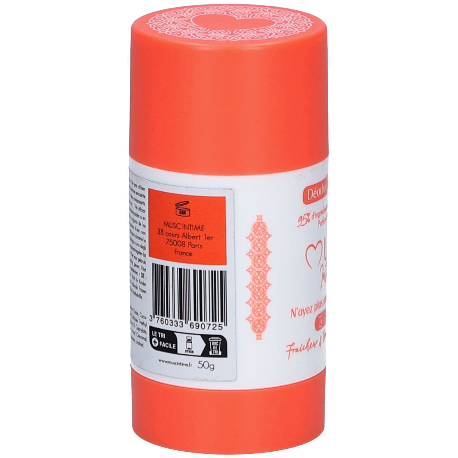 Deodorantstick. Achterkant. Oranje houder met wit etiket. Tekst: Musc Intime, adres, barcode, 50g.