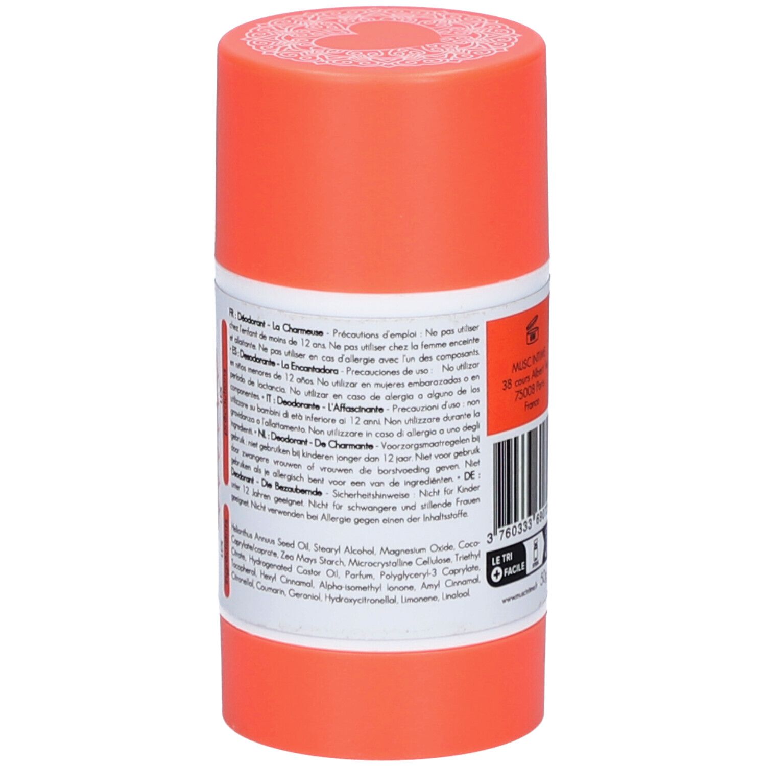 Deodorantstick. Achterkant. Oranje houder met wit etiket. Tekst: Voorzorgsmaatregelen, ingrediënten. Franse tekst.
