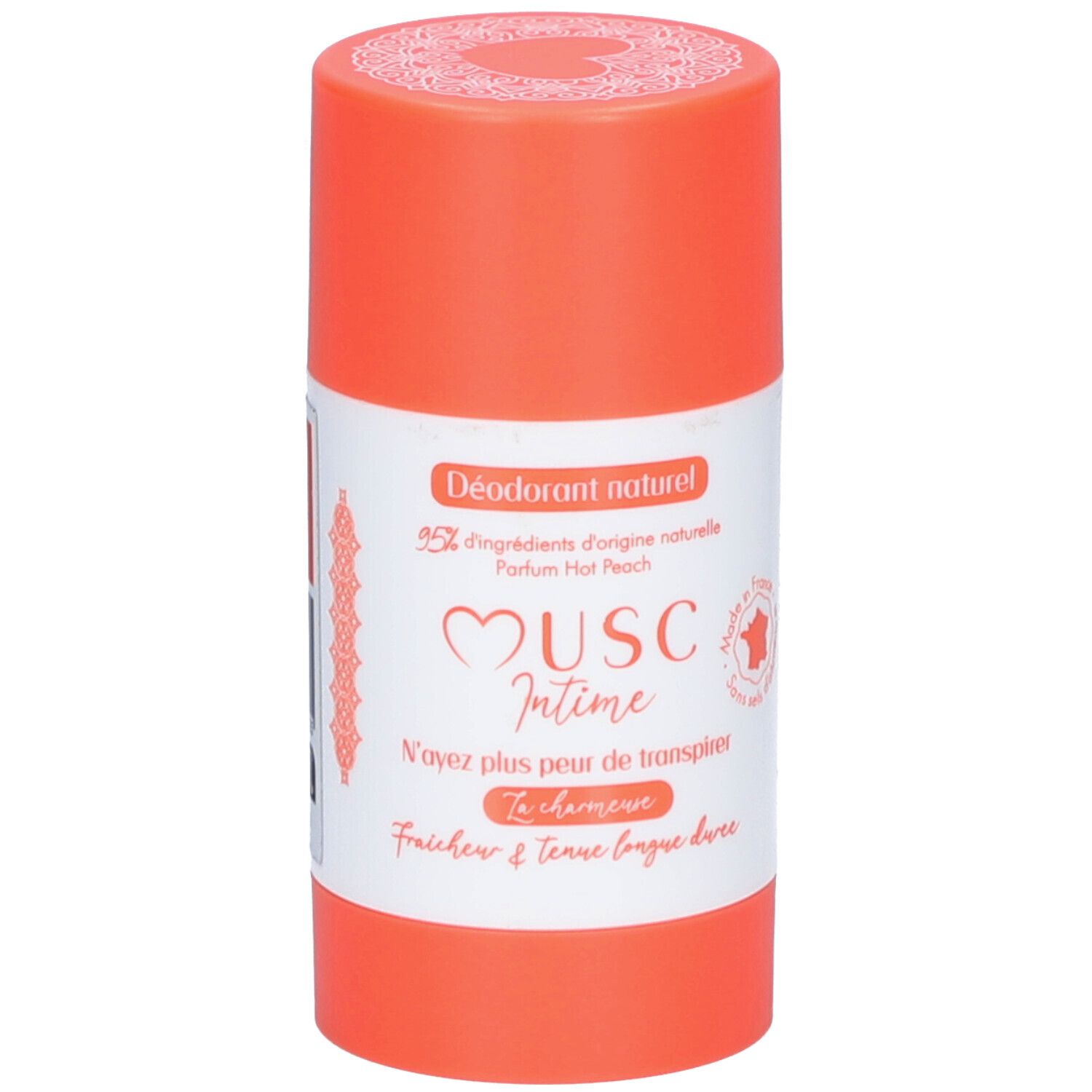 Deodorantstick. Oranje houder met wit etiket. Tekst: Musc Intime, Hot Peach. Franse tekst.