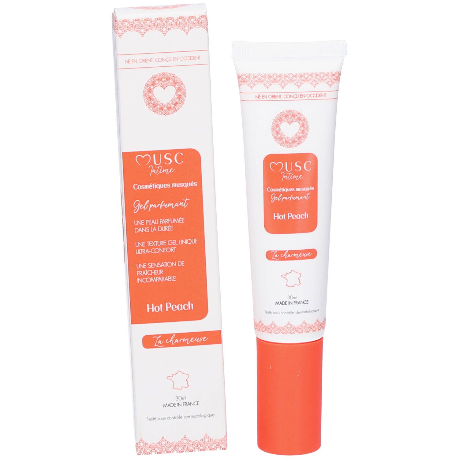 Emballage et tube. Emballage: blanc avec texte et logo. Tube: blanc-orange, texte: MUSC Intime, Hot Peach.