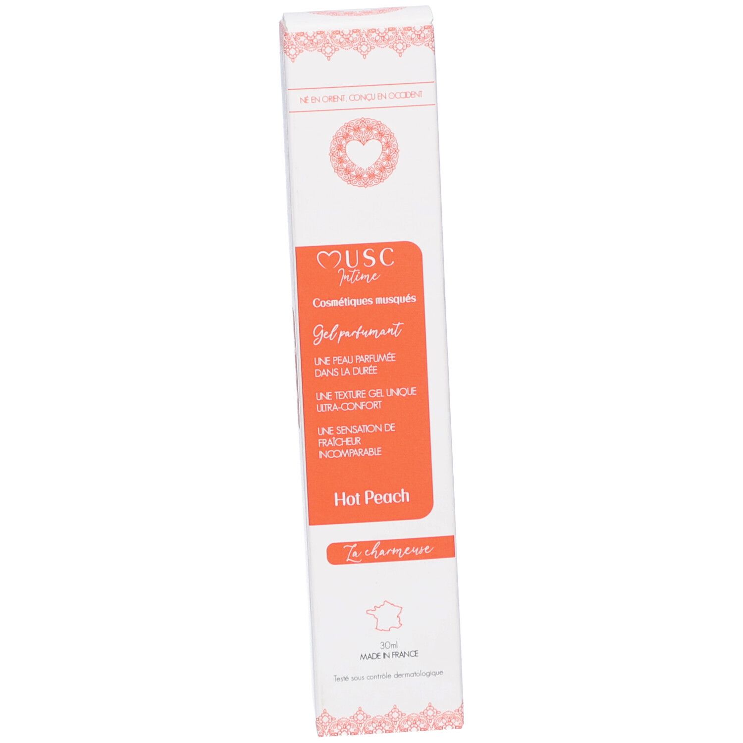 Emballage du produit. Blanc avec texte et logo. Texte: MUSC Intime, Gel parfumant, Hot Peach. Avec pointe rose.