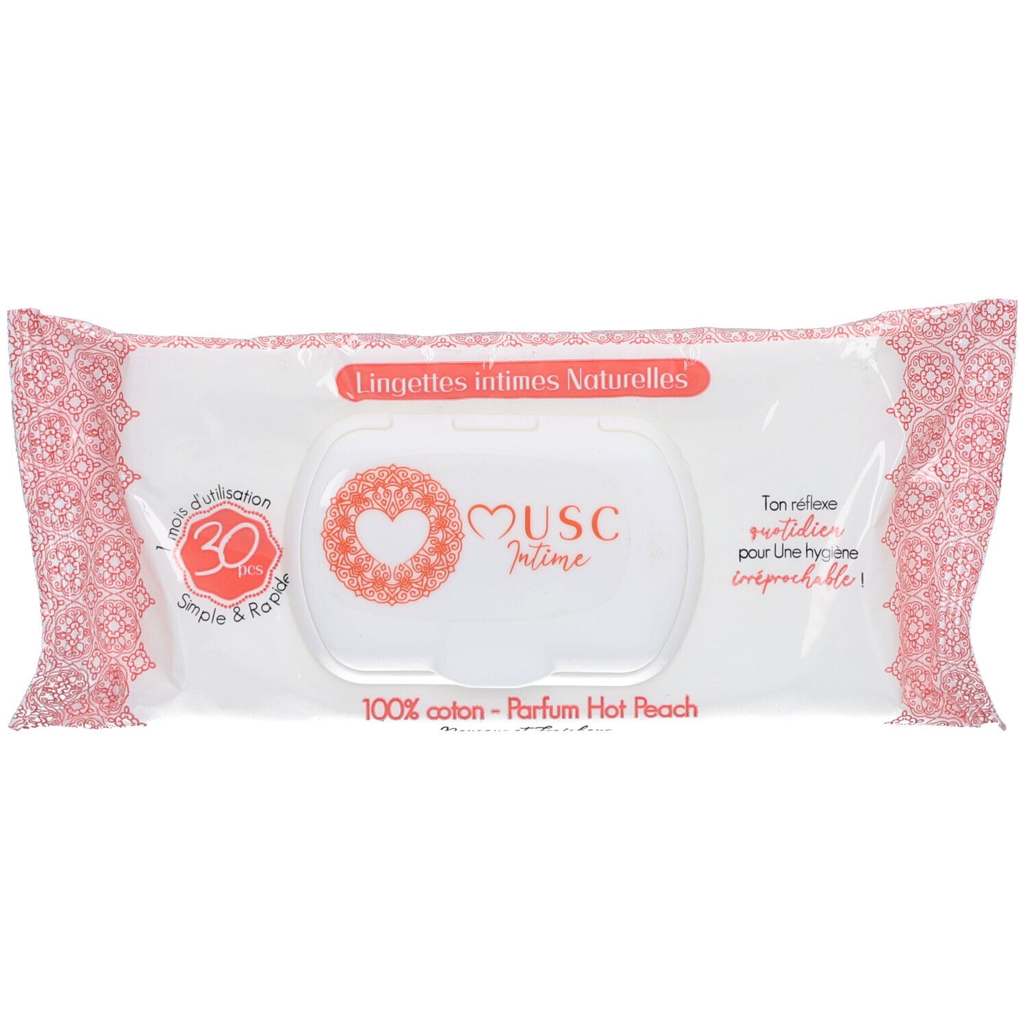 Verpakking intieme doekjes. Opschrift "Musc Intime", "Hot Peach". Roze-wit design, 30 doekjes.