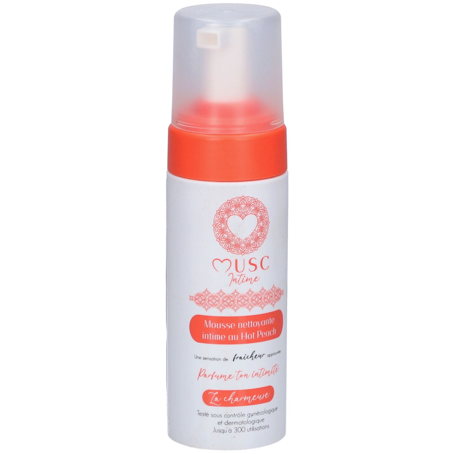 Flacon blanc et orange avec pompe. Texte: Musc Intime, Mousse nettoyante intime au Hot Peach. Logo cœur. Bouchon transparent.