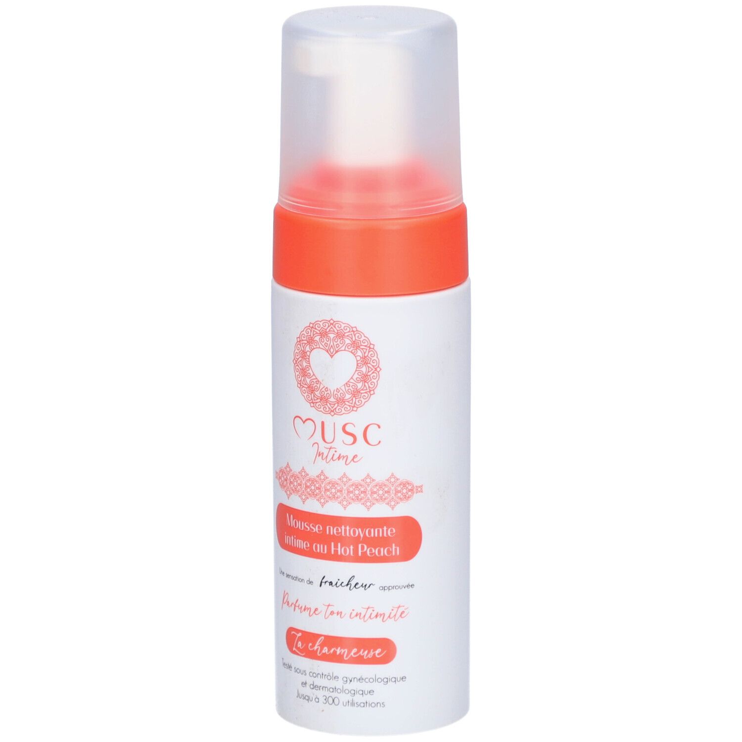 Flacon blanc et orange avec pompe. Texte: Musc Intime, Mousse nettoyante intime au Hot Peach. Logo cœur. Bouchon transparent.