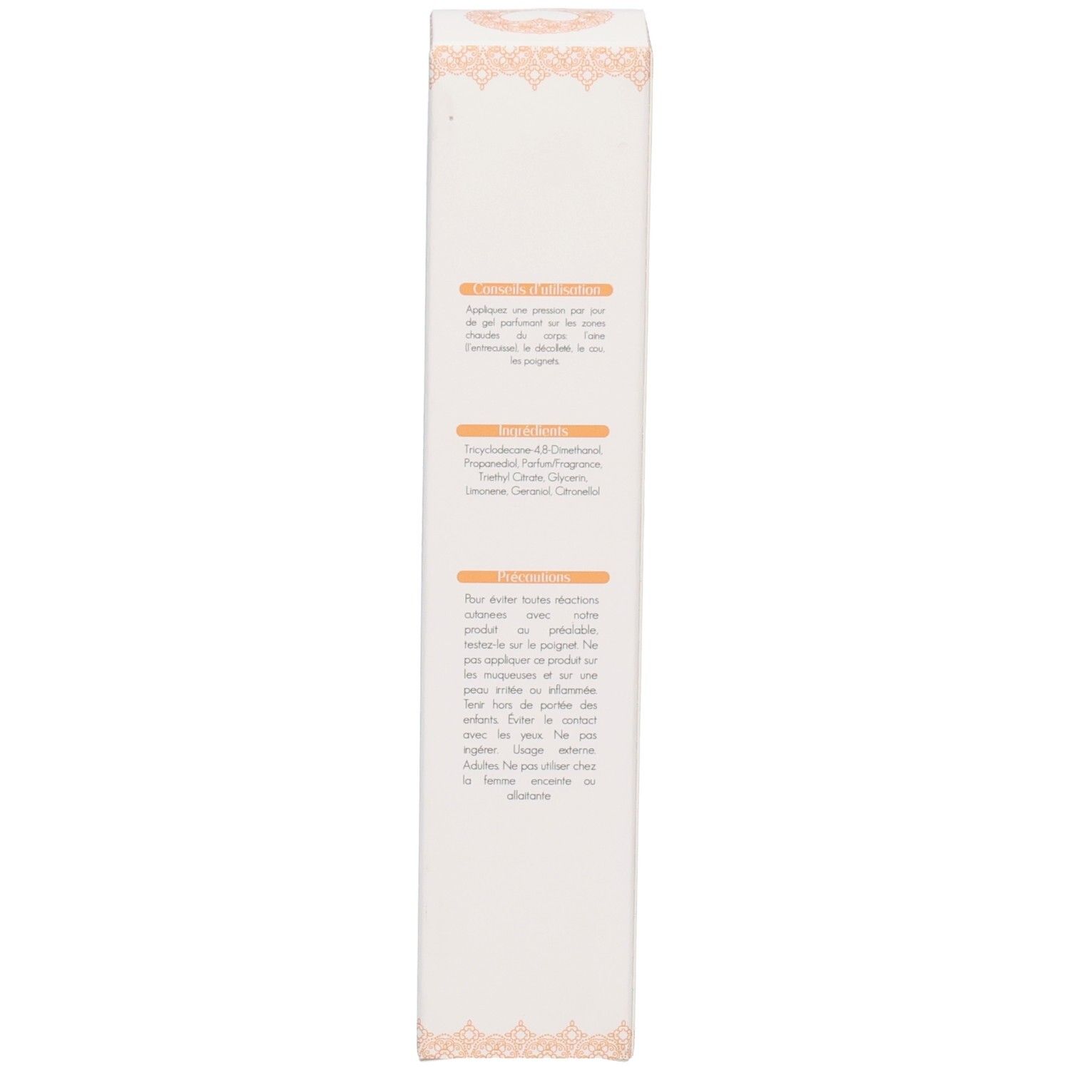 Emballage blanc avec texte orange et noir. Contient des instructions et des ingrédients.