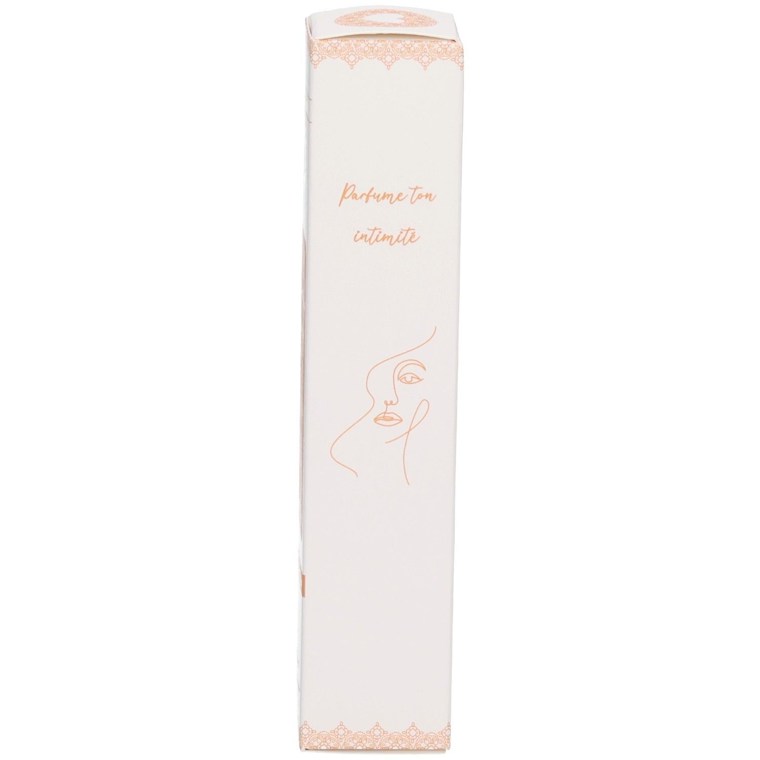 Emballage blanc avec dessin au trait fin d'un visage et inscription « Parfum ton intimité ».