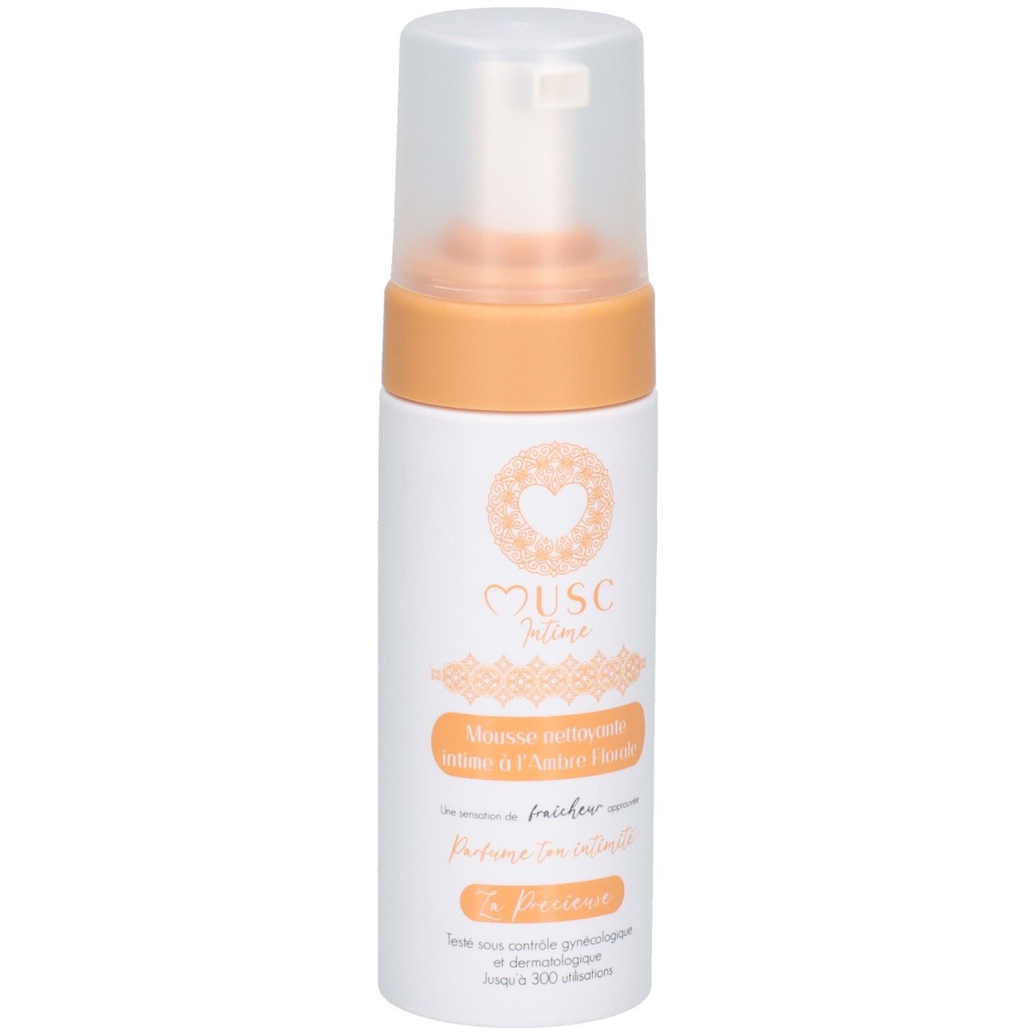 Witte en oranje fles met sproeikop. Opschrift: Musc Intime, Mousse nettoyante intime à l'Ambre Florale. Productnaam en logo.