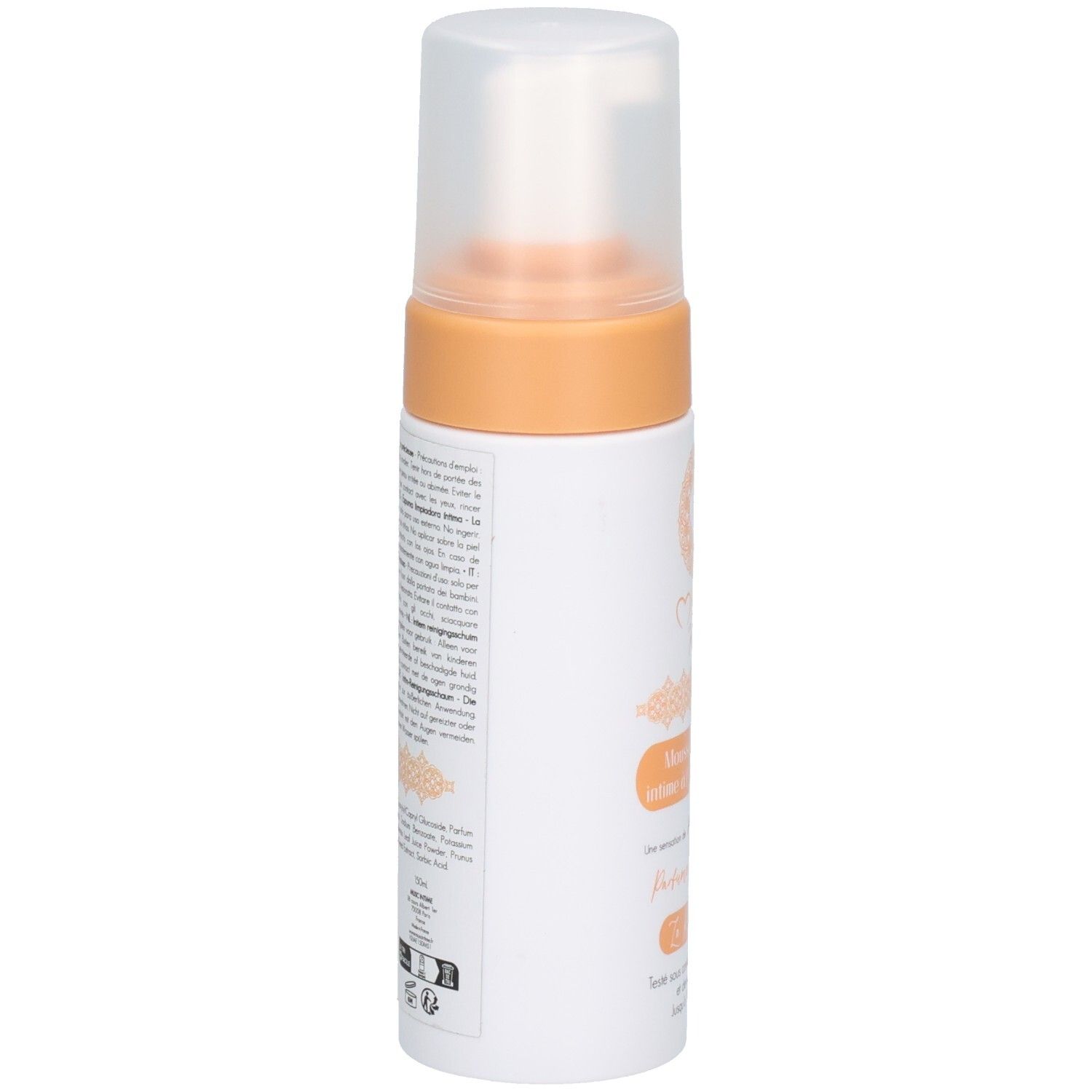Witte en oranje fles, zijaanzicht. Tekst op de achterkant. Transparante sproeikop. Productnaam en logo niet zichtbaar.