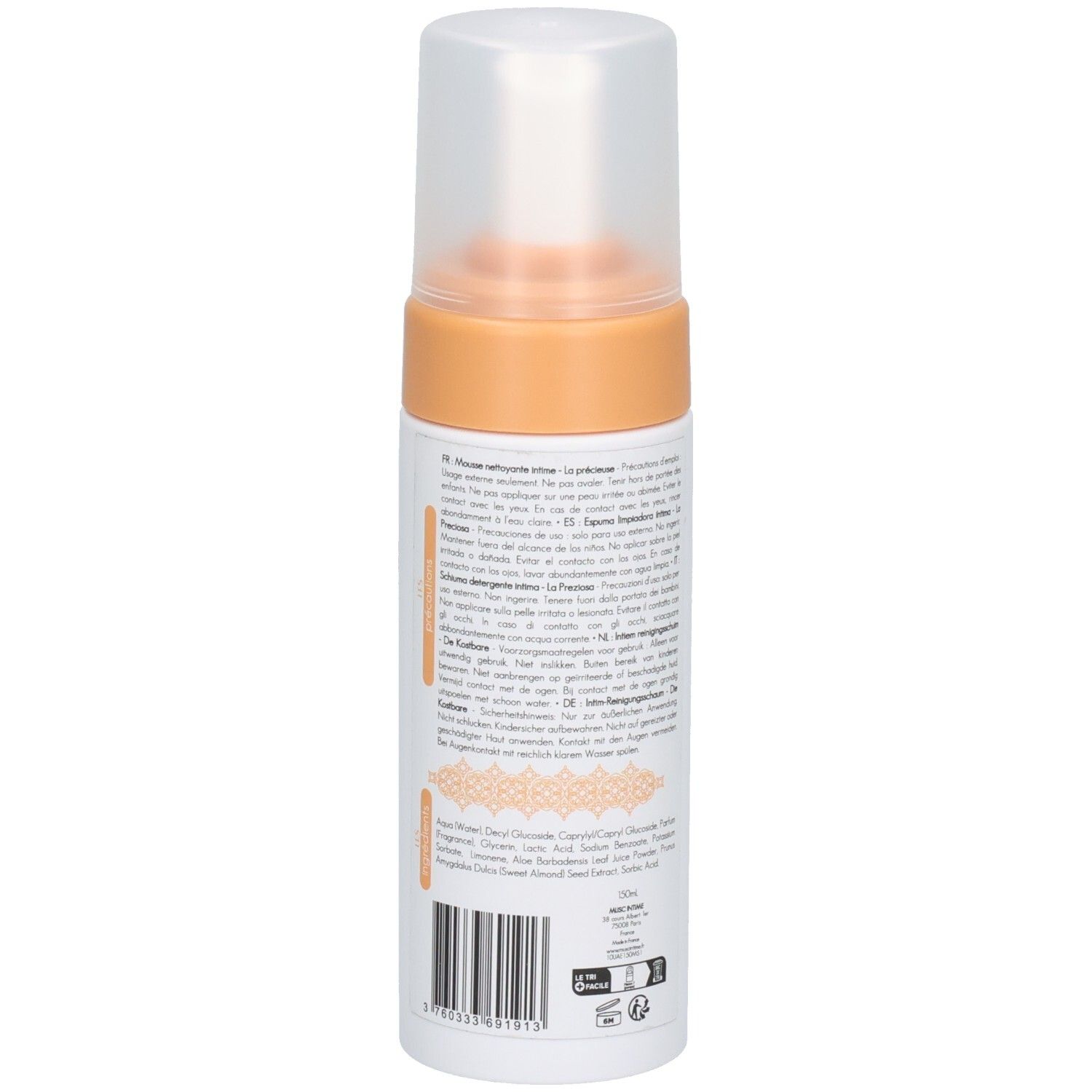 Witte en oranje fles, achteraanzicht. Tekst in meerdere talen. Transparante sproeikop. Productnaam en logo niet zichtbaar.