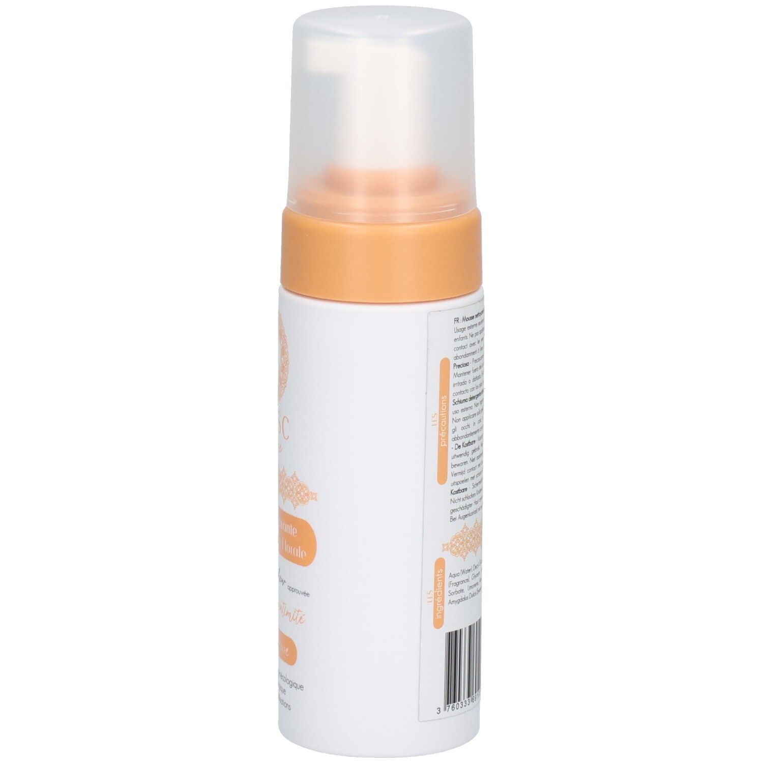 Witte en oranje fles, zijaanzicht. Tekst op de achterkant. Transparante sproeikop. Productnaam en logo niet zichtbaar.