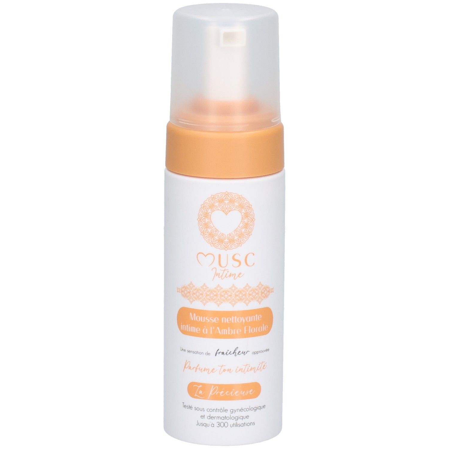 Witte en oranje fles met sproeikop. Opschrift: Musc Intime, Mousse nettoyante intime à l'Ambre Florale. Productnaam en logo.