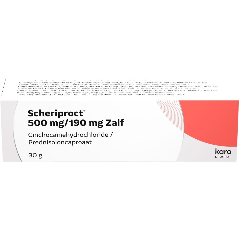 Scheriproct zalf 500 mg/190 mg met Cinchocaïnehydrochloride en Prednisoloncacaproaat. 30 g.