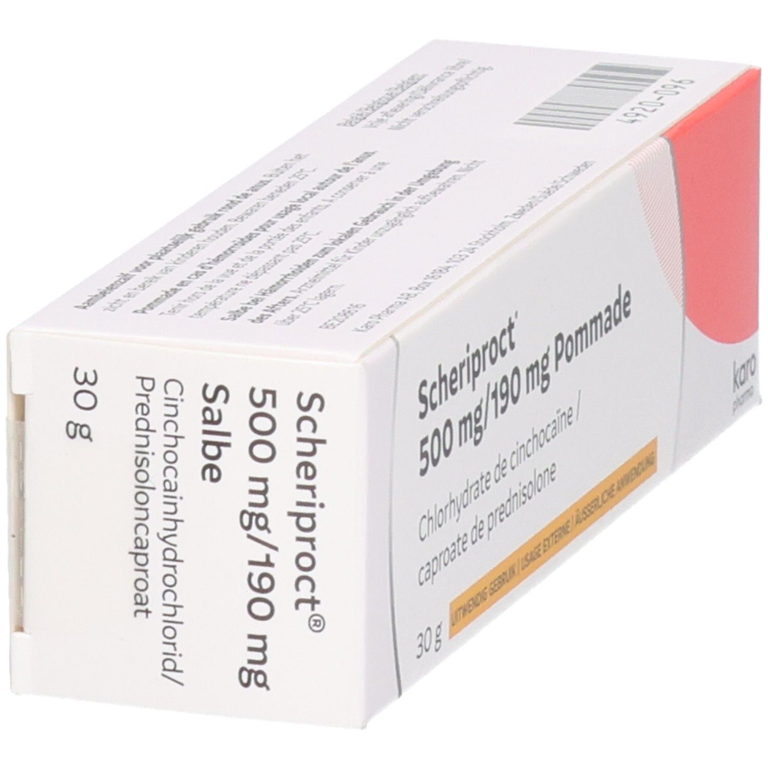 Scheriproct 500 mg/190 mg Pommade. Chlorhydrate de cinchocaïne/caproate de prednisolone. 30g.