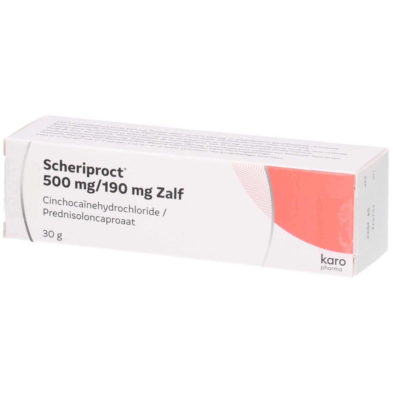 Boîte pliante blanche pour 'Scheriproct 500 mg/190 mg Zalf'. Contient un tube de pommade pour usage externe.