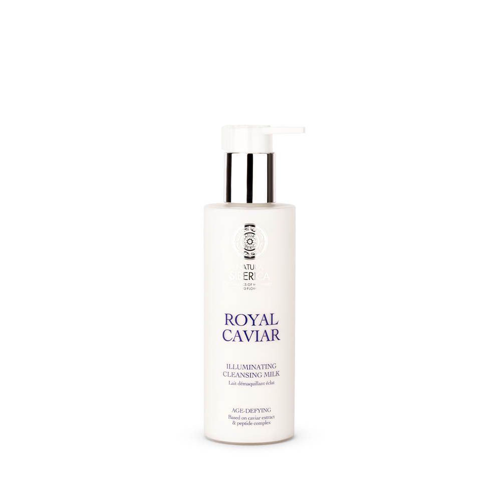 Crèmefles met pomp. Opschrift: Royal Caviar Illuminating Cleansing Milk. Merk: Natura Siberica.
