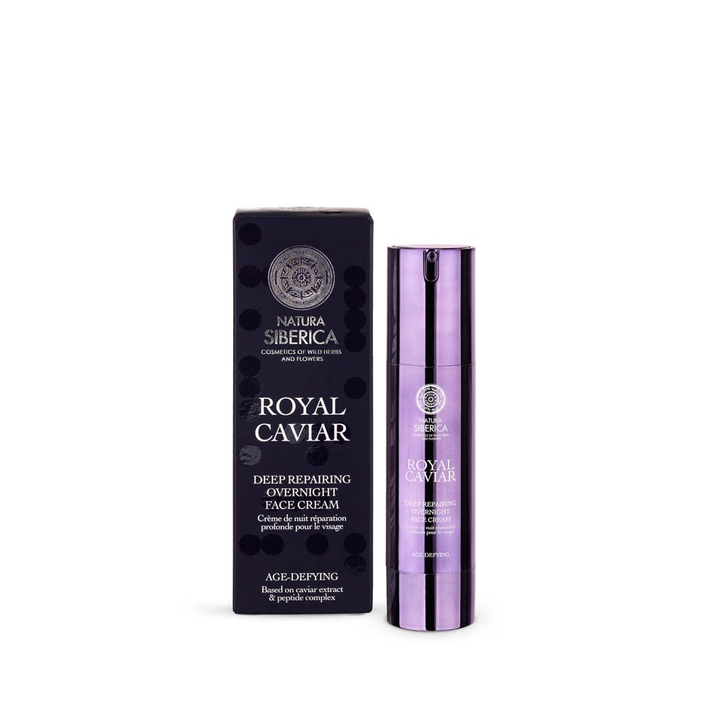Emballage et flacon du produit. Logo et nom du produit : Royal Caviar Deep Repairing Overnight Face Cream.