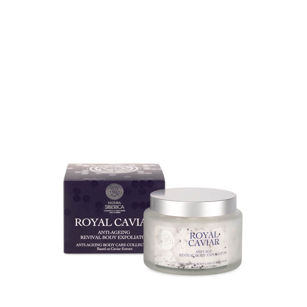 Productverpakking en pot. Opschrift: ROYAL CAVIAR, Anti-Ageing Revival Body Exfoliator. Logo: Natura Siberica.