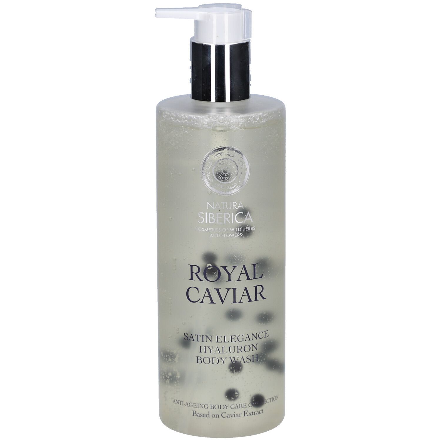 Gel douche avec pompe. Bouteille transparente avec billes noires. Texte: Royal Caviar, Satin Elegance, Hyaluron Body Wash.