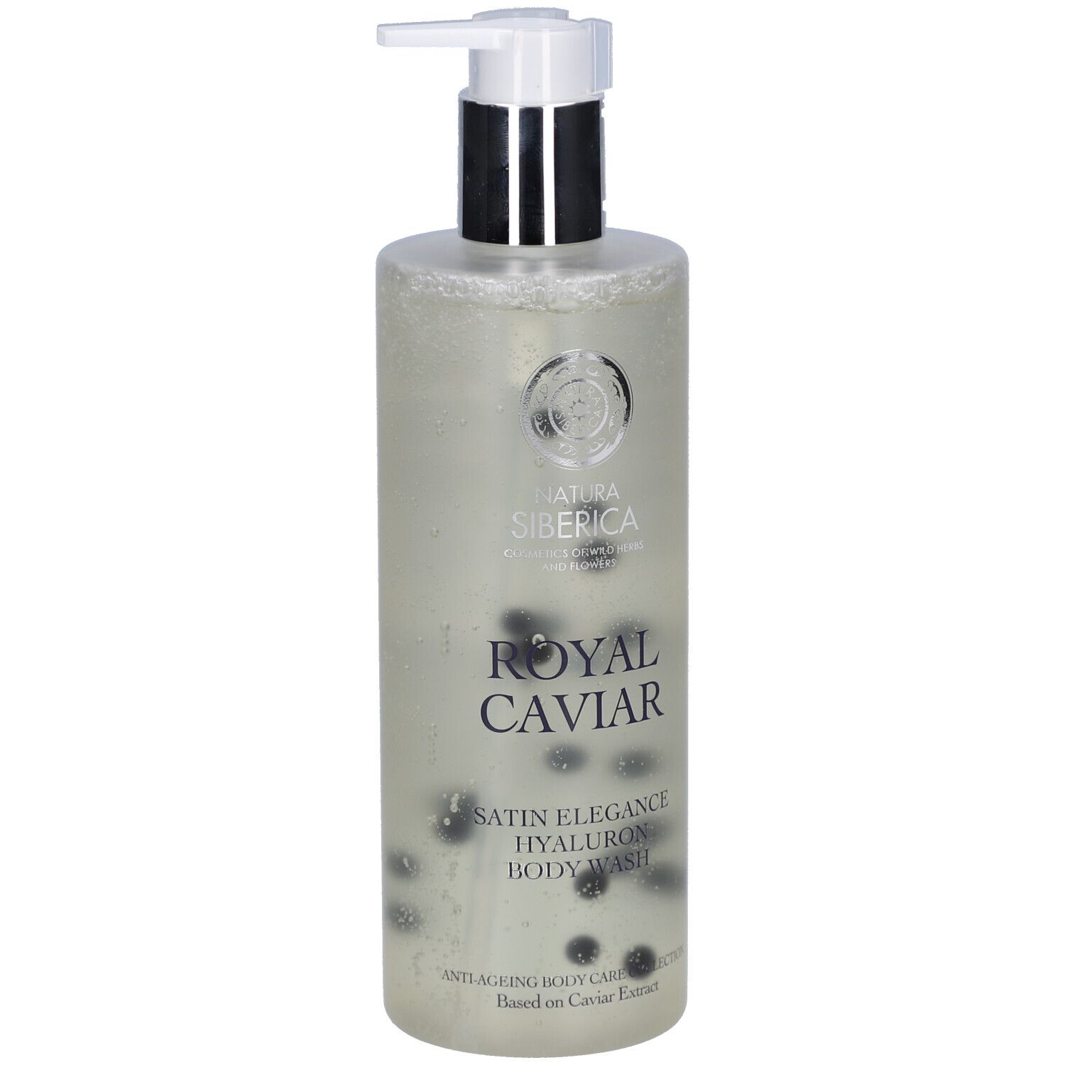 Gel douche avec pompe. Bouteille transparente avec billes noires. Texte: Royal Caviar, Satin Elegance, Hyaluron Body Wash.