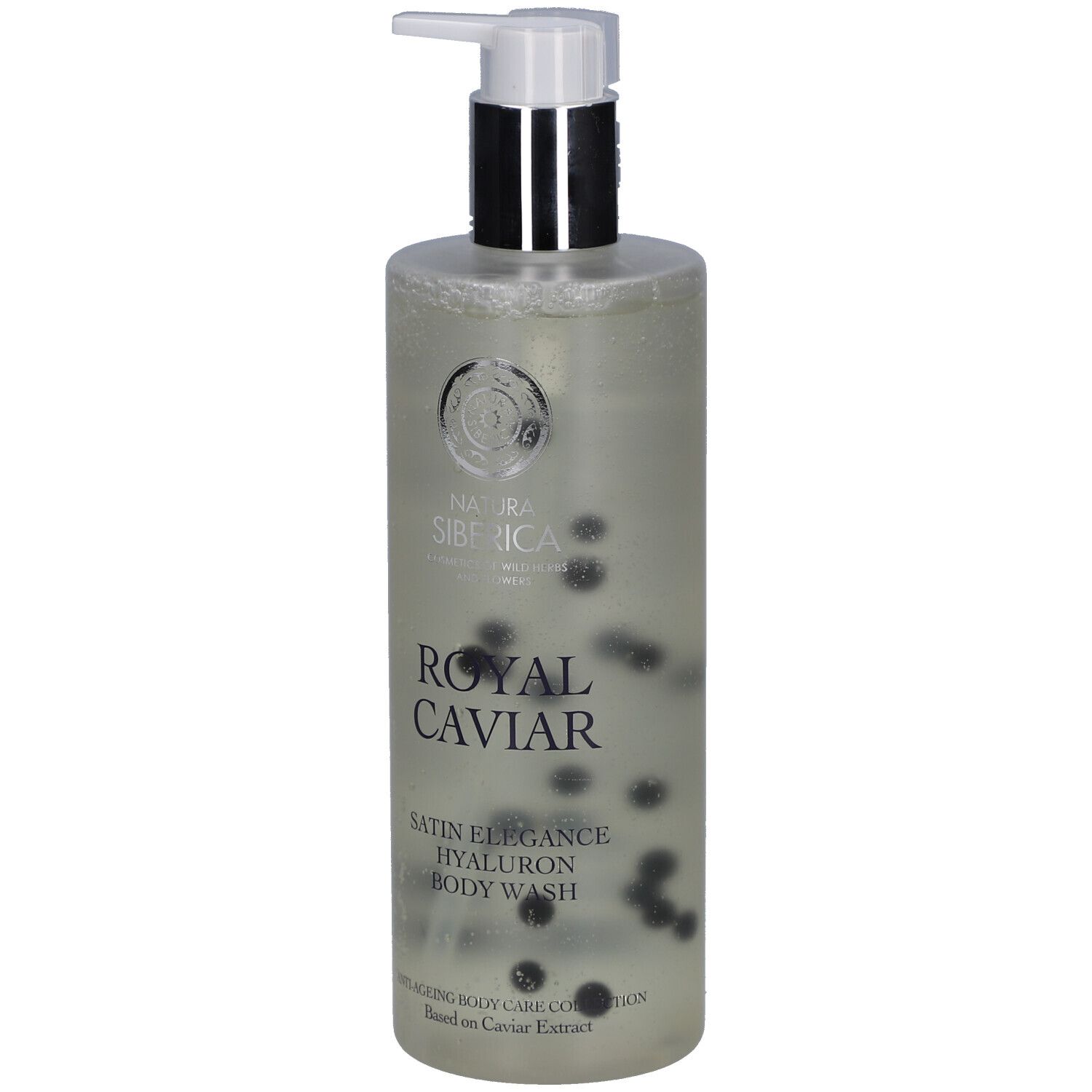 Gel douche avec pompe. Bouteille transparente avec billes noires. Texte: Royal Caviar, Satin Elegance, Hyaluron Body Wash.