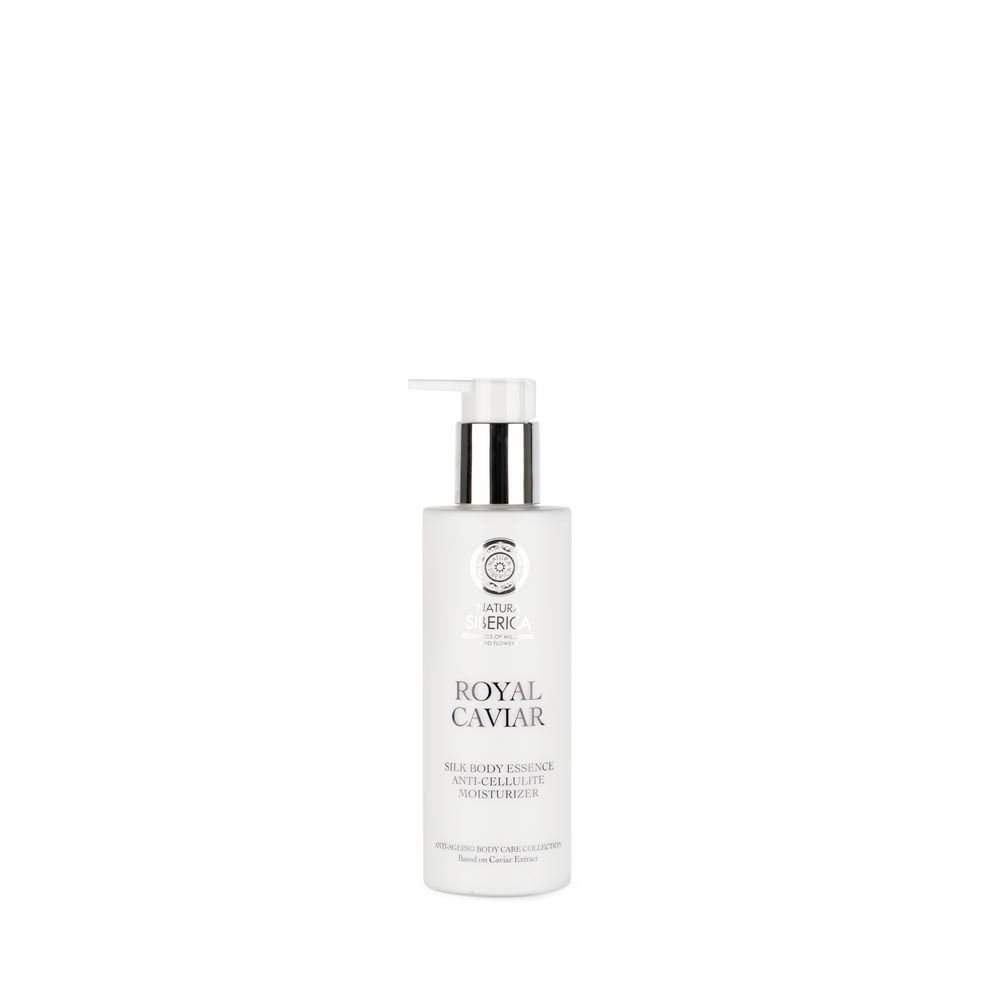 Witte fles met pomp. Opschrift: Royal Caviar, Silk Body Essence Anti-Cellulite Moisturizer. Merk Natura Siberica.
