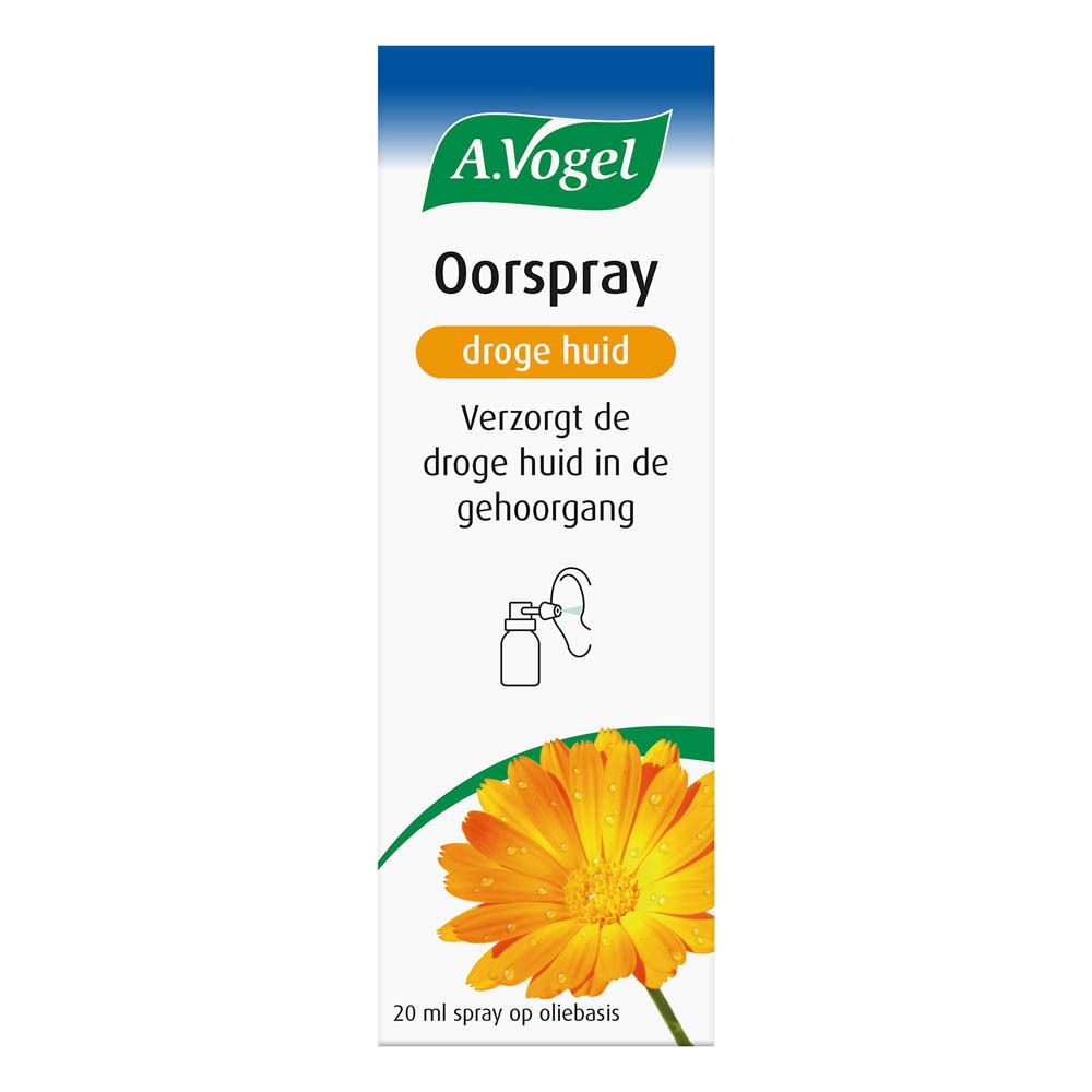 A.Vogel Oorspray droge huid. Witte doos met productinfo en illustraties. Oranje bloem. Inhoud: 20 ml.