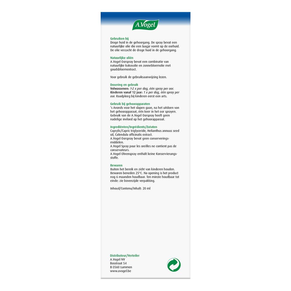 Achterkant A.Vogel Oorspray droge huid verpakking. Tekst in het Nederlands. Productinfo en ingrediënten.
