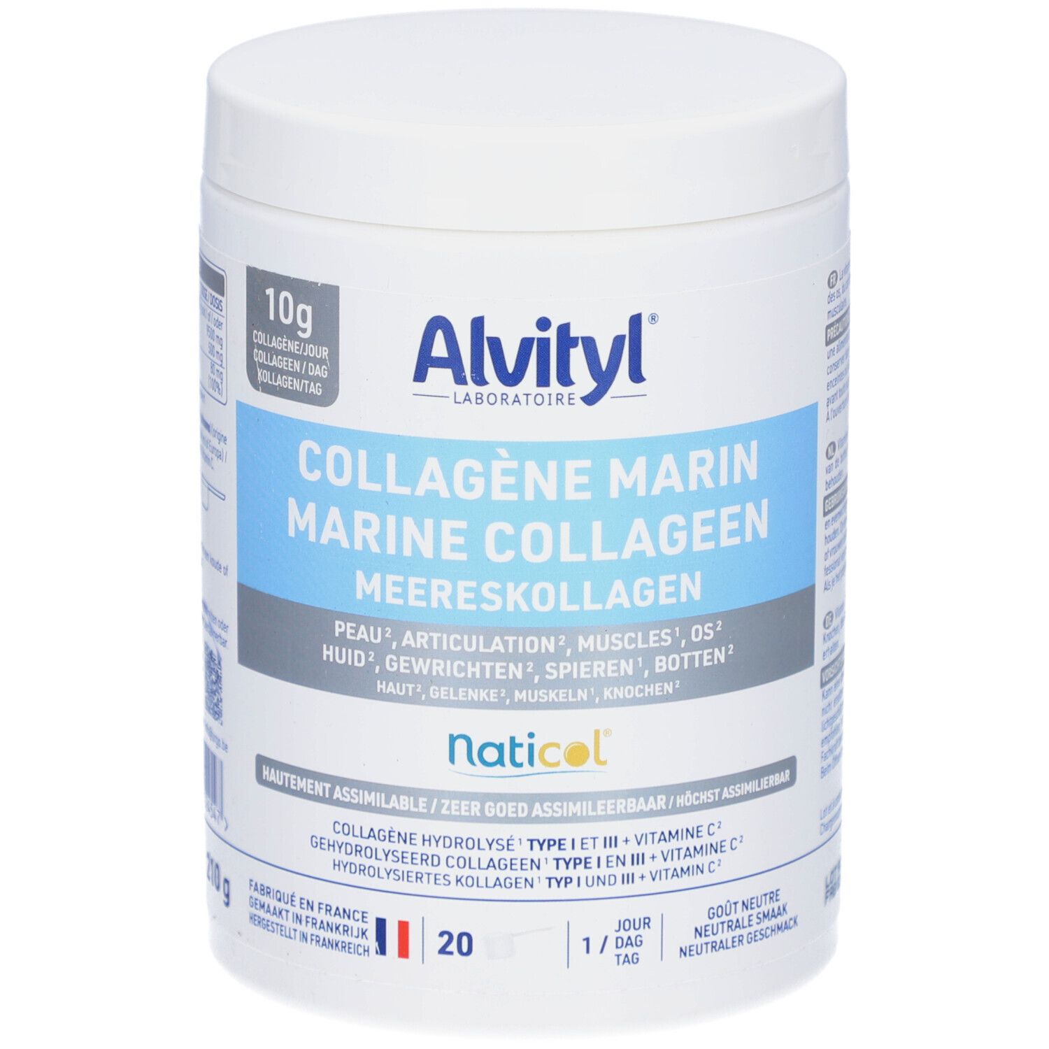 Witte pot Alvityl® Collagène Marin. Blauwe en witte etiketten met naam en ingrediënten. 20 porties.