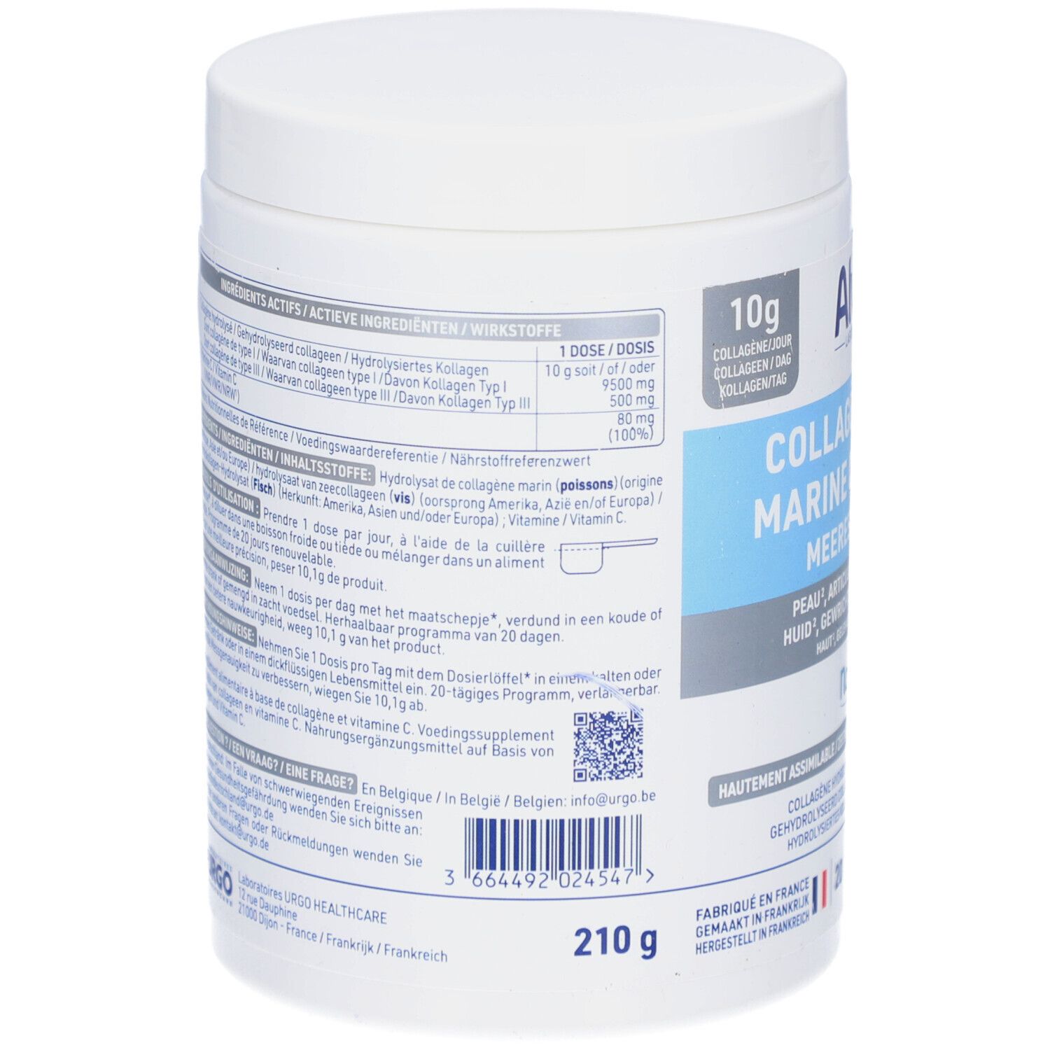 Achterkant van de Alvityl® Collagène Marin pot. Bevat informatie over ingrediënten en gebruik. 210g.
