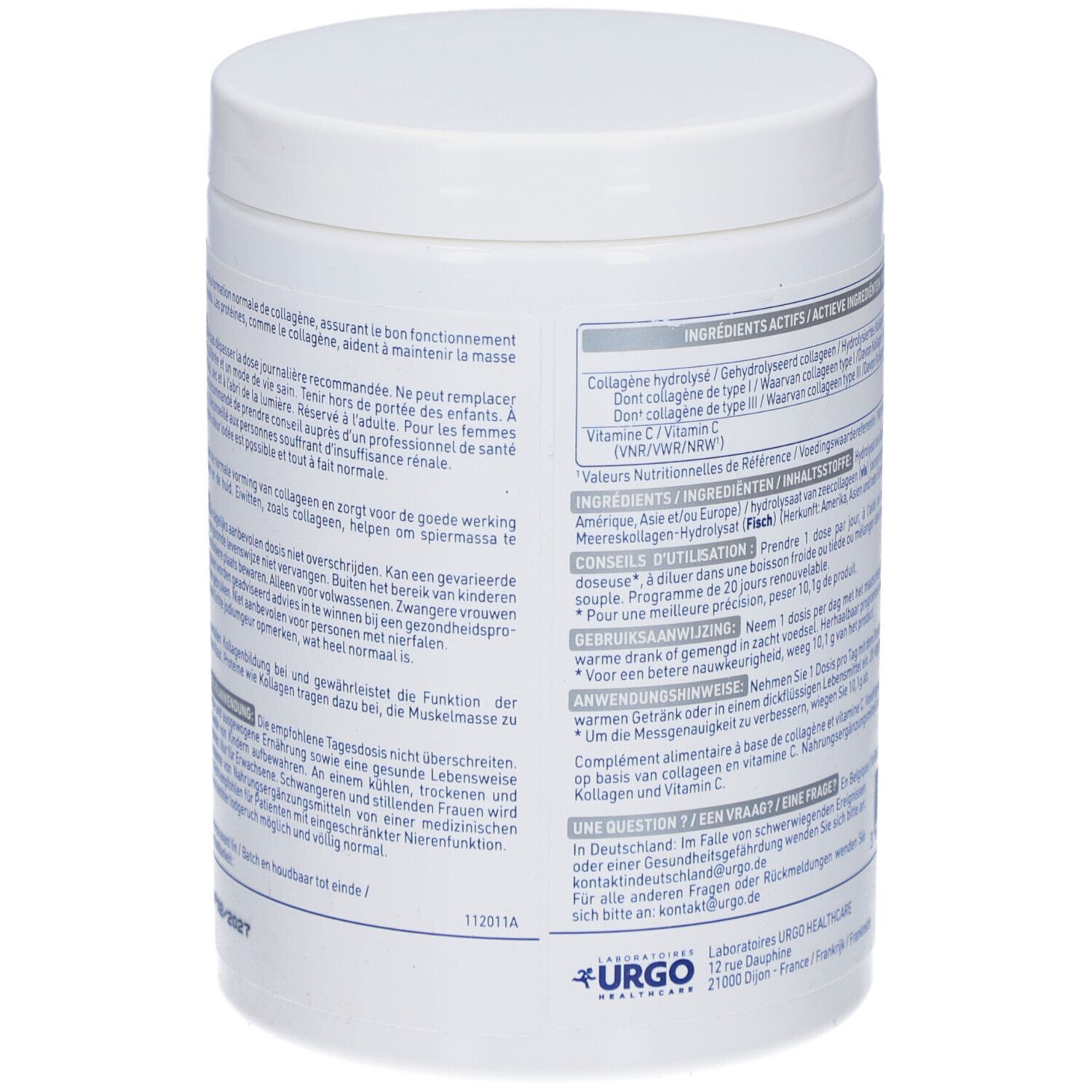 Achterkant van de Alvityl® Collagène Marin pot. Bevat informatie over ingrediënten en gebruik. 210g.