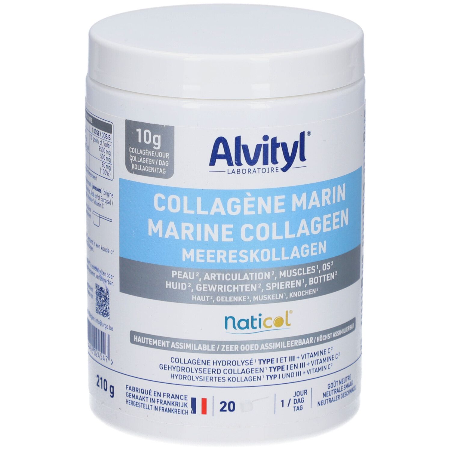 Witte pot Alvityl® Collagène Marin. Blauwe en witte etiketten met naam en ingrediënten. 210g.