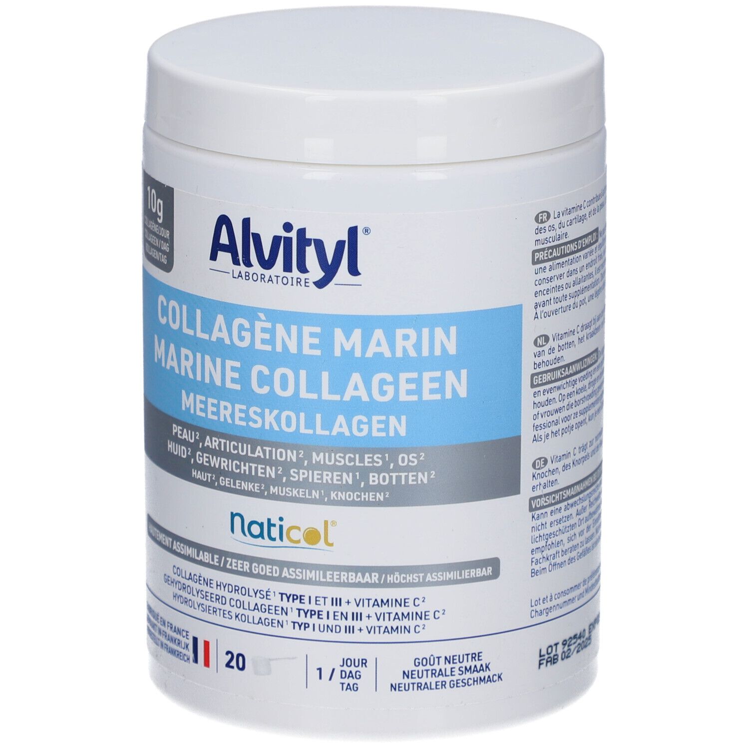 Witte pot Alvityl® Collagène Marin. Blauwe en witte etiketten met naam en ingrediënten. 210g.