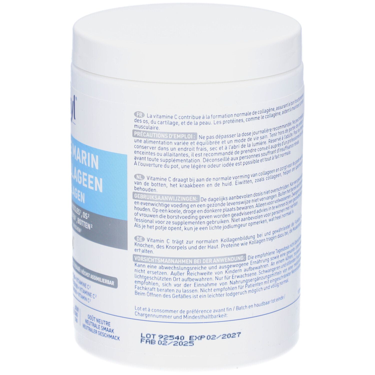 Achterkant van de Alvityl® Collagène Marin pot. Bevat informatie over ingrediënten en gebruik. 210g.