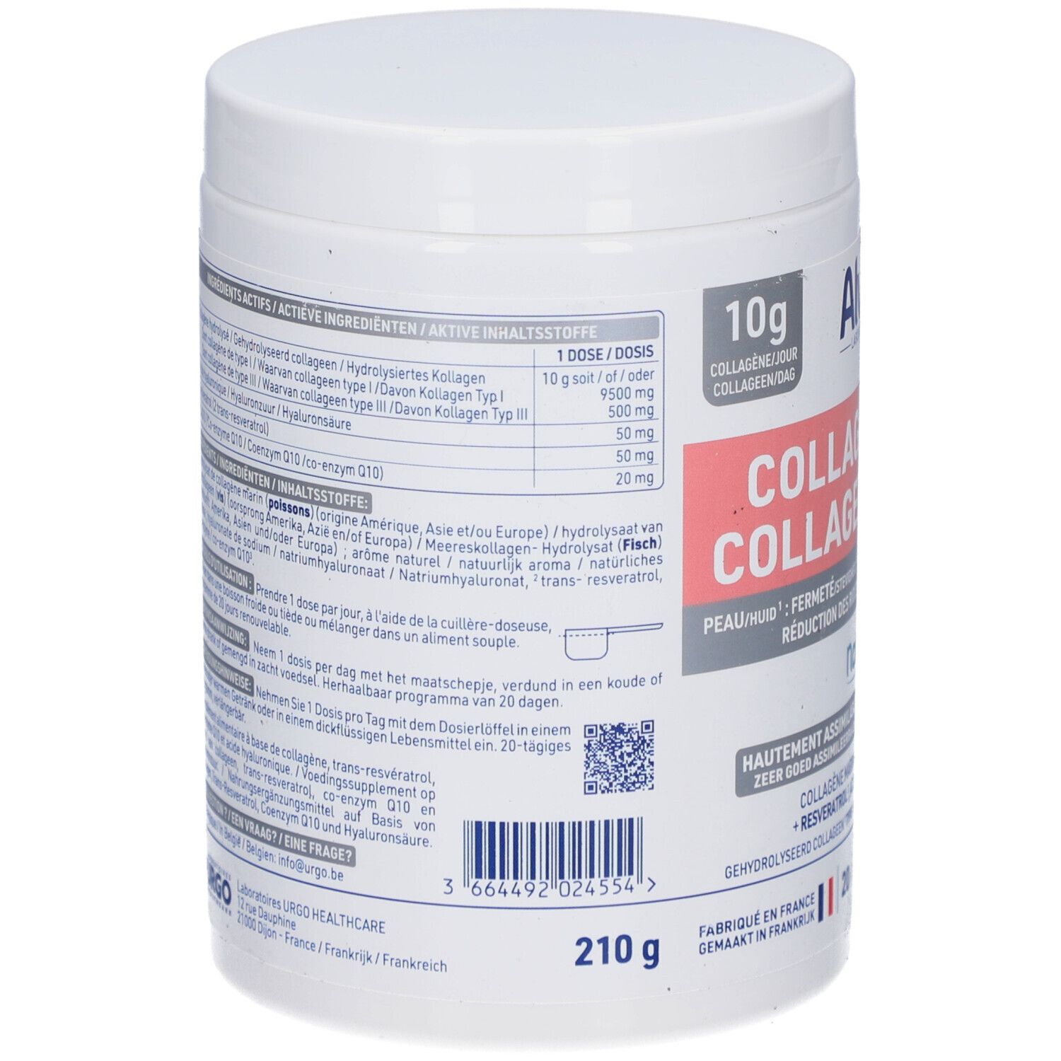 Achterkant van de witte pot. Bevat informatie over ingrediënten en gebruik. 210g.