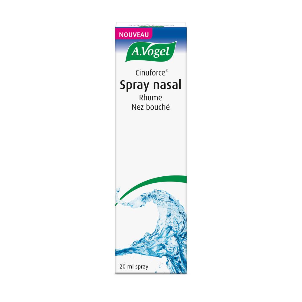 Boîte A.Vogel Cinuforce Spray nasal. Carton blanc avec logo et nom du produit. Contient 20 ml de spray.