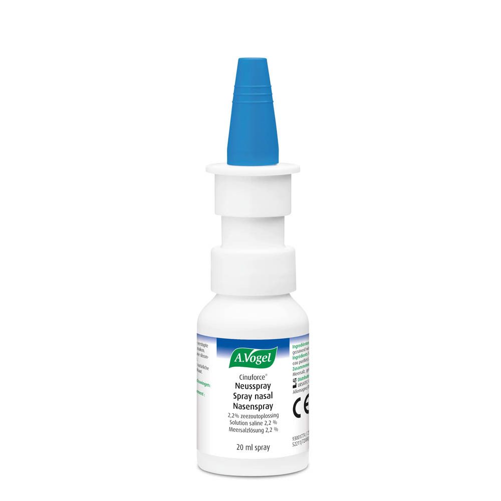 Dos de la boîte A.Vogel Cinuforce Spray nasal. Informations textuelles, ingrédients, marquage CE et code-barres.