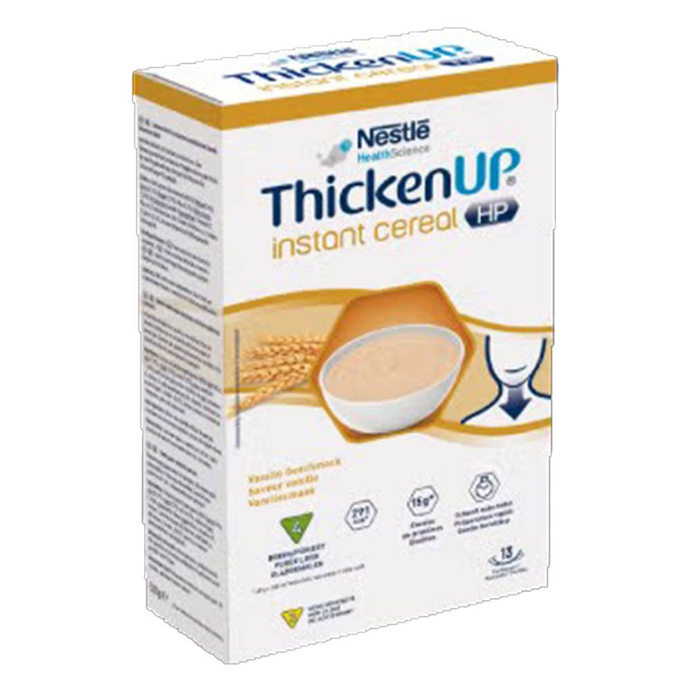 Emballage ThickenUp® Instant Cereal HP. Face avant avec nom du produit, goût vanille et image de bouillie. 13 portions.