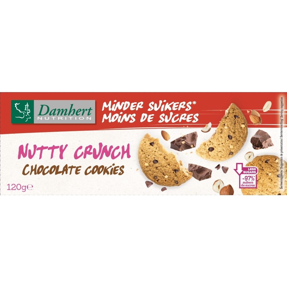 Dambert Nutrition Nutty Crunch chocoladekoekjes, 120g verpakking met gebroken koekjes, chocolade en noten.