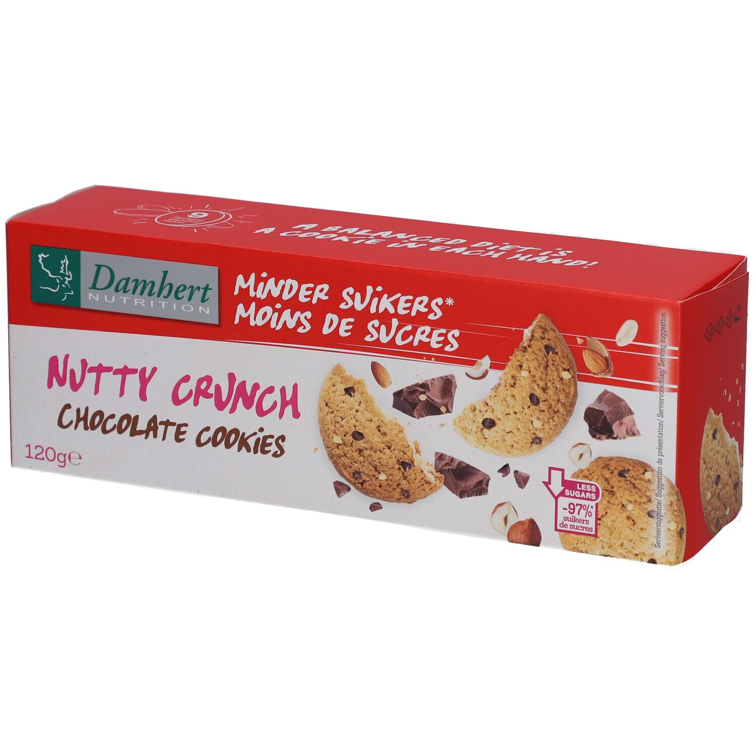 Rode verpakking met Damhert-logo en opschrift "Nutty Crunch Chocolate Cookies". Afbeelding van koekjes en ingrediënten.