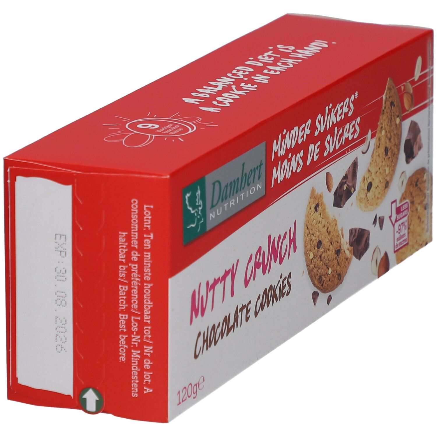 Rode verpakking met Damhert-logo en opschrift "Nutty Crunch Chocolate Cookies". Houdbaarheidsdatum 30.08.2026.