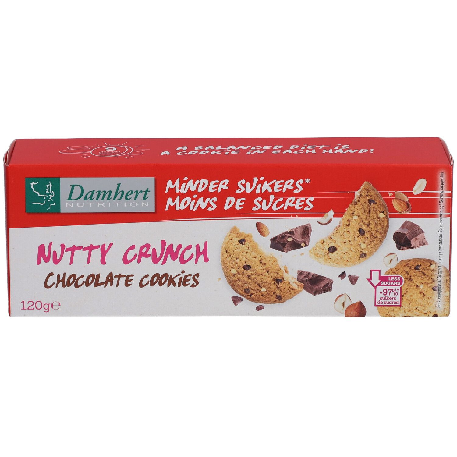 Rode verpakking met Damhert-logo en opschrift "Nutty Crunch Chocolate Cookies". Afbeelding van koekjes en ingrediënten.
