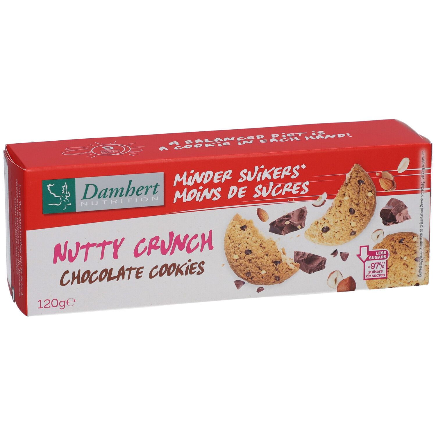 Rode verpakking met Damhert-logo en opschrift "Nutty Crunch Chocolate Cookies". Afbeelding van koekjes en ingrediënten.