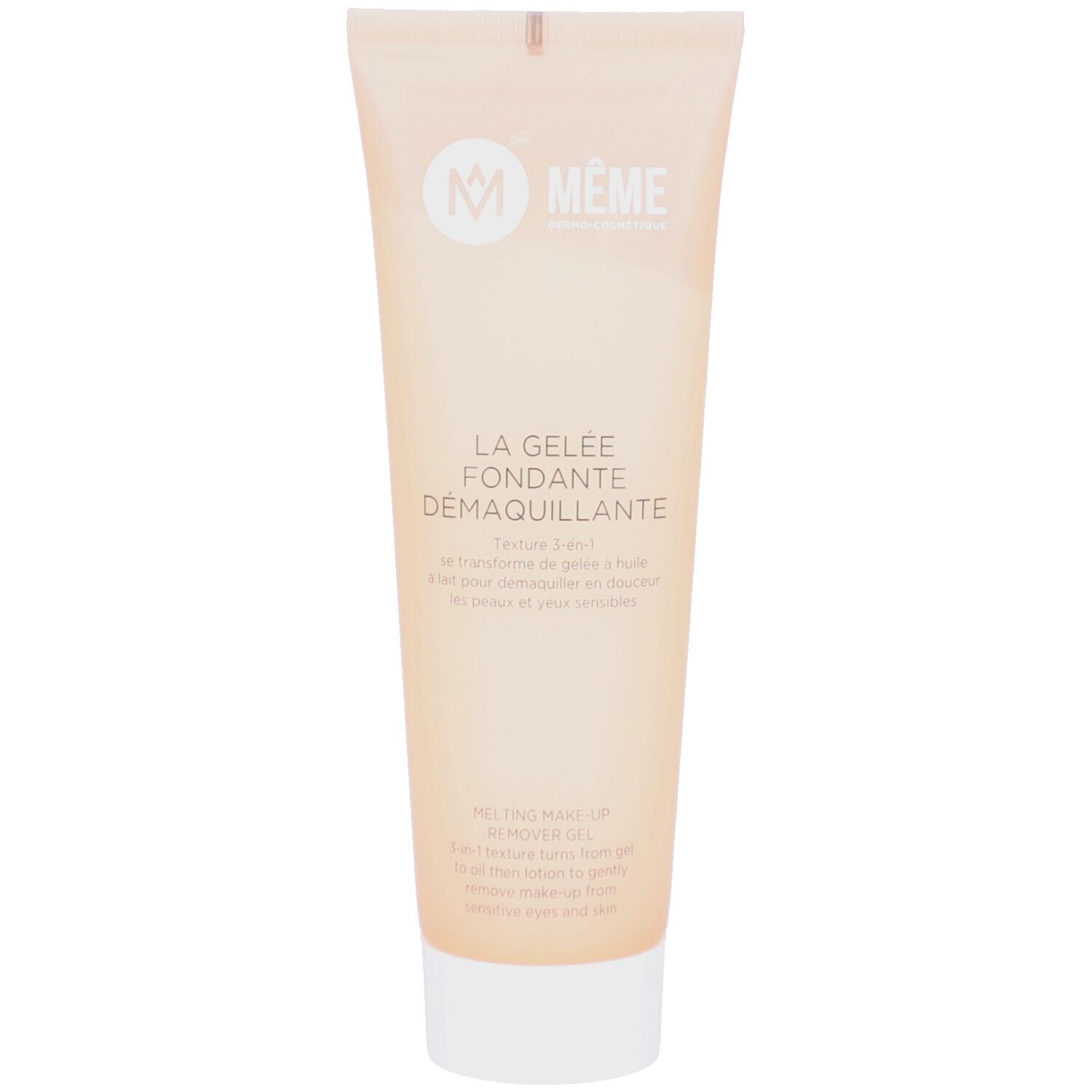 Beige tube met witte dop. Logo en tekst "Meme". Opschrift: "La Gelee Fondante Demaquillante".
