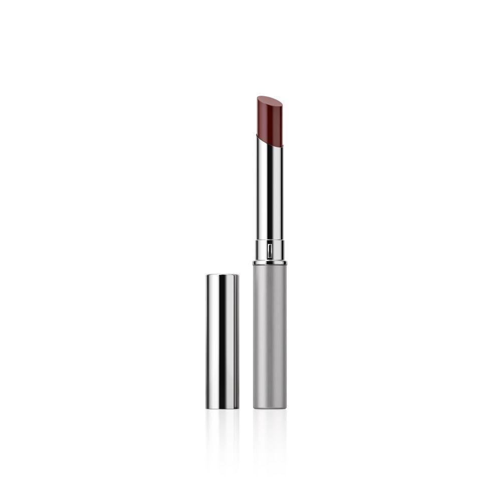 Lippenstift met zilverkleurige huls en open dop. De lippenstift is roodbruin.
