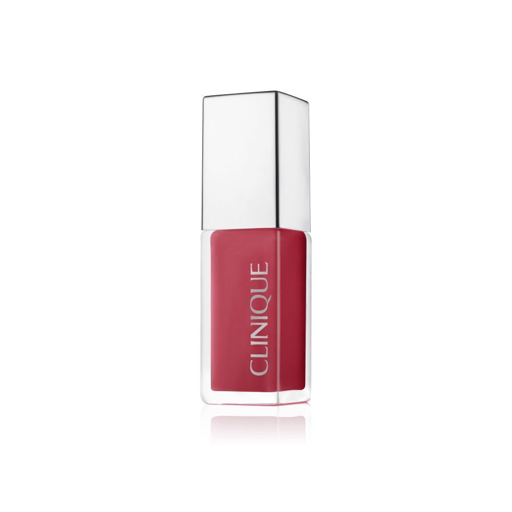 Clinique Pop™ Lip + Cheek Oil. Rode vloeistof in een rechthoekige fles met zilveren dop. Merk Clinique.