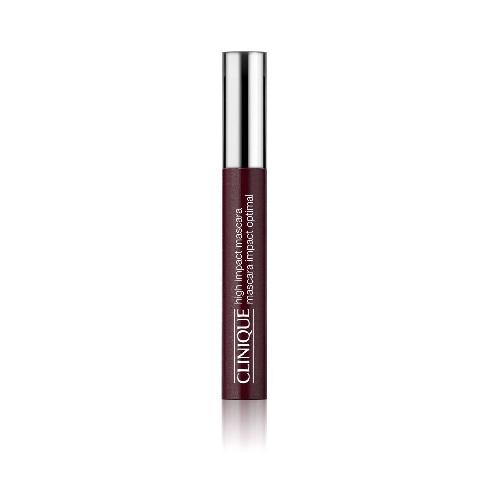 Mascara Clinique High Impact. Tube de mascara bordeaux à capuchon argenté. Produit debout.