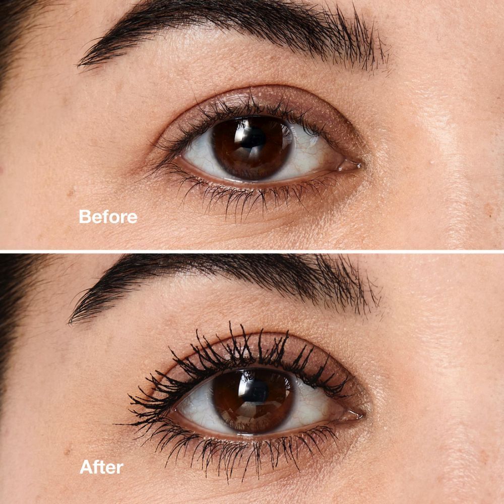 Oog voor en na het aanbrengen van mascara. Bovenste rij: Voor. Onderste rij: Na.