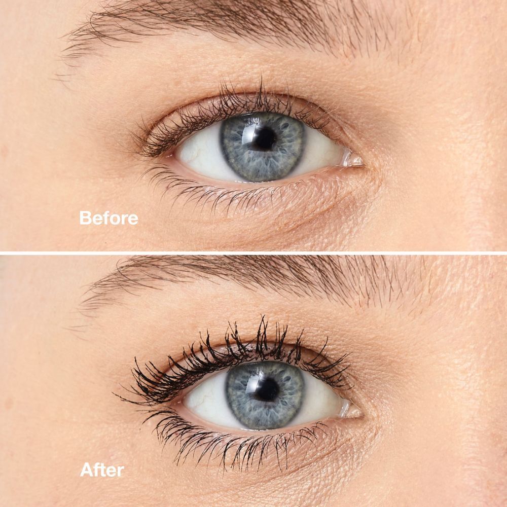 Œil avant et après l'application du mascara. Rangée du haut : Avant. Rangée du bas : Après.