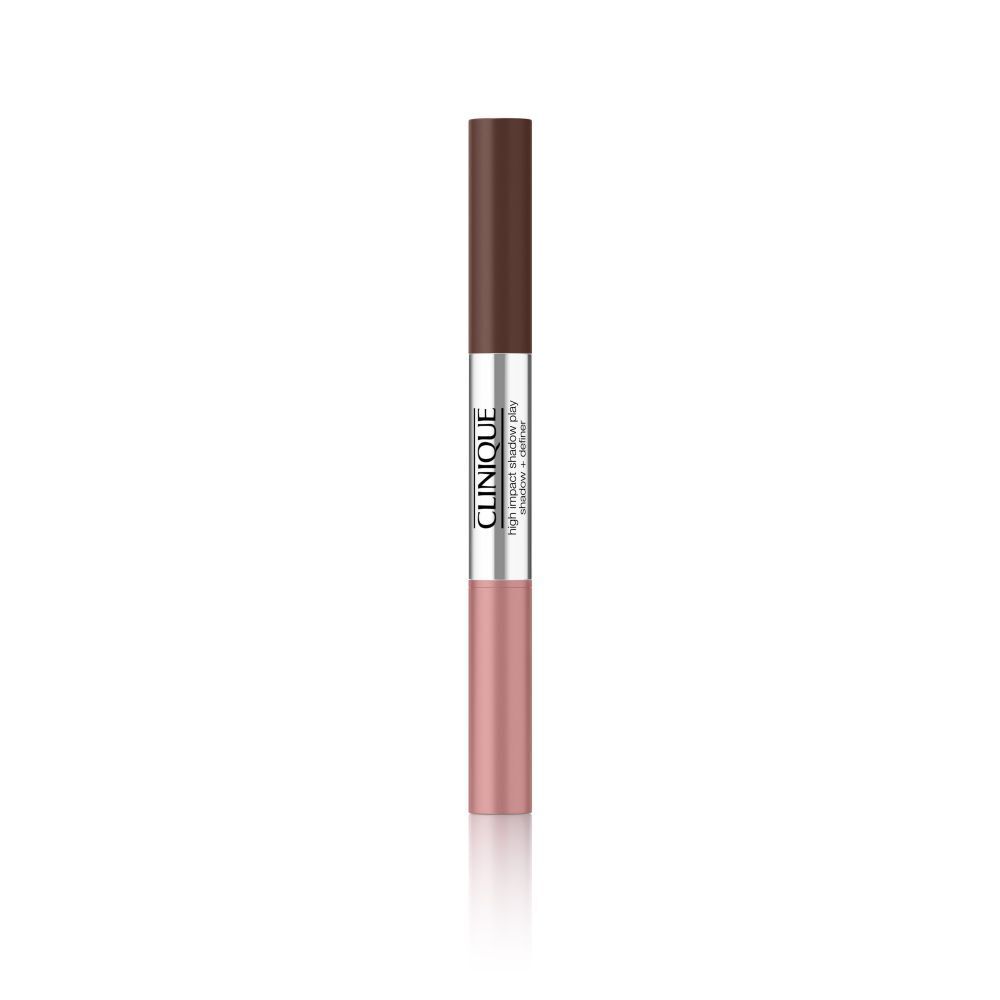 Dubbele oogschaduwpen. Eén uiteinde bruin, de andere roze. Zilveren midden met Clinique-logo. Witte achtergrond.